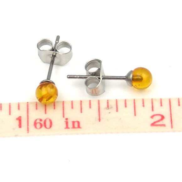 Yellow Amber Ball Stud Earrings Hypoallergenic Surgical Steel 4mm SMALL - Picture 3 of 4